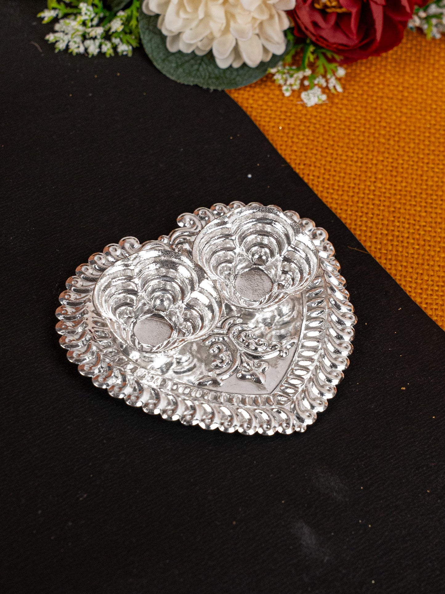 German Silver 2 Cup Kumkum - 3 inch - Heart - WBG1817