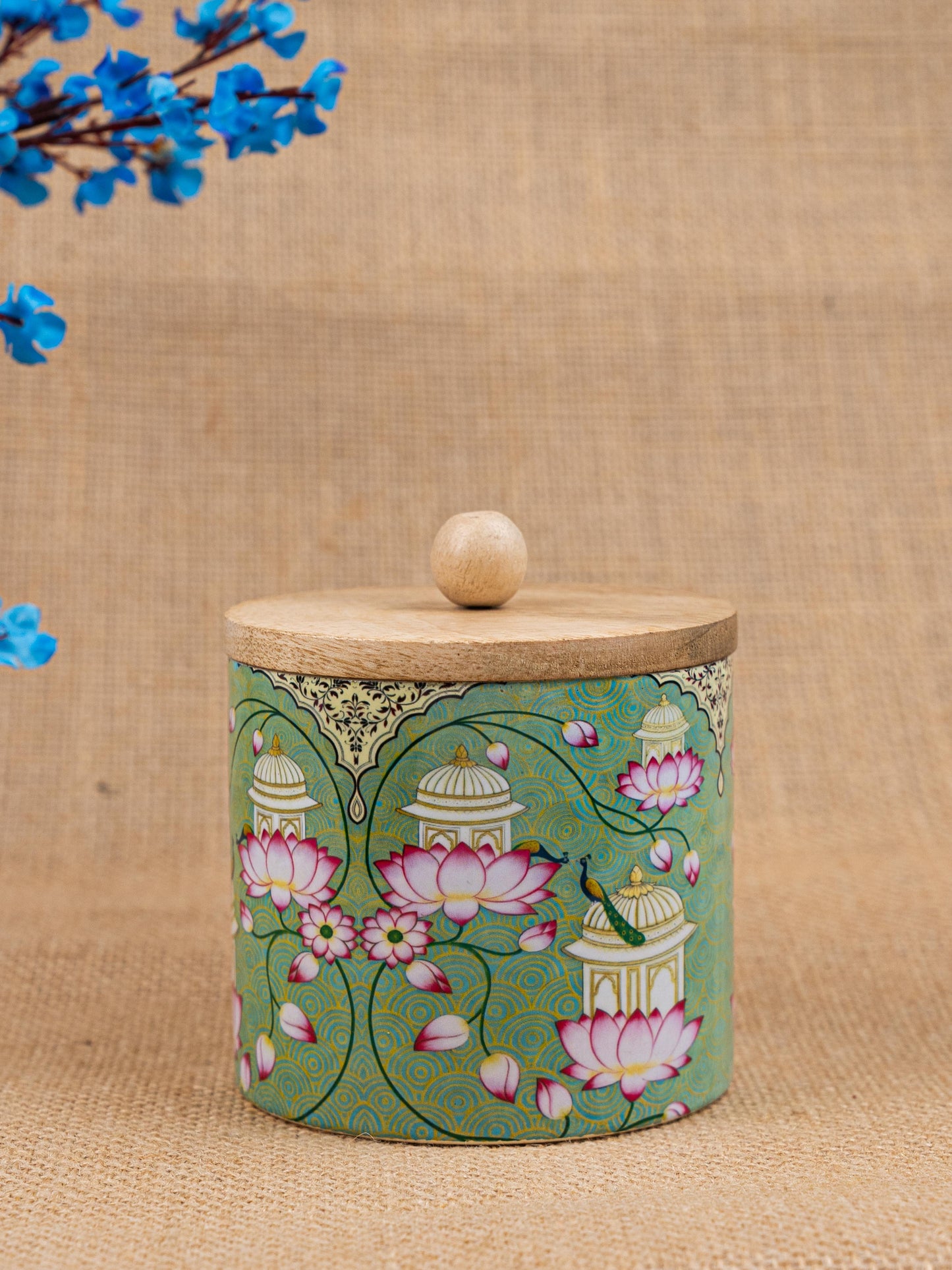 Metal Pichwai Digital Printed Jar with Wooden Lid - WBG1829-1