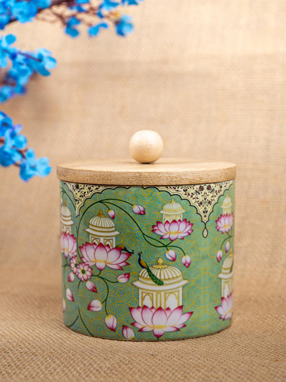 Metal Pichwai Digital Printed Jar with Wooden Lid - WBG1829-1