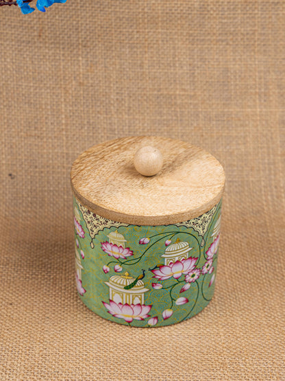 Metal Pichwai Digital Printed Jar with Wooden Lid - WBG1829-1