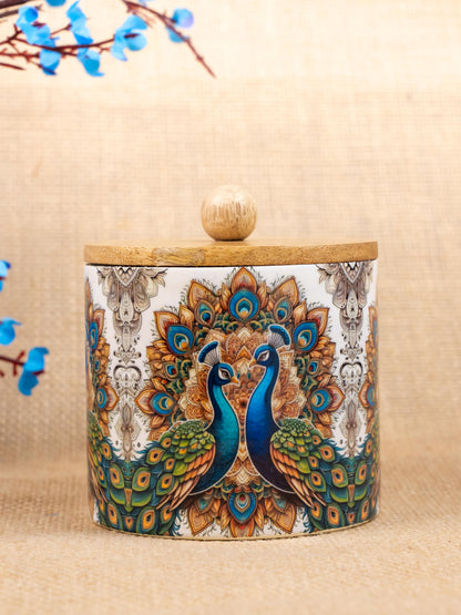 Metal Peacock Digital Printed Jar with Wooden Lid - WBG1829-2