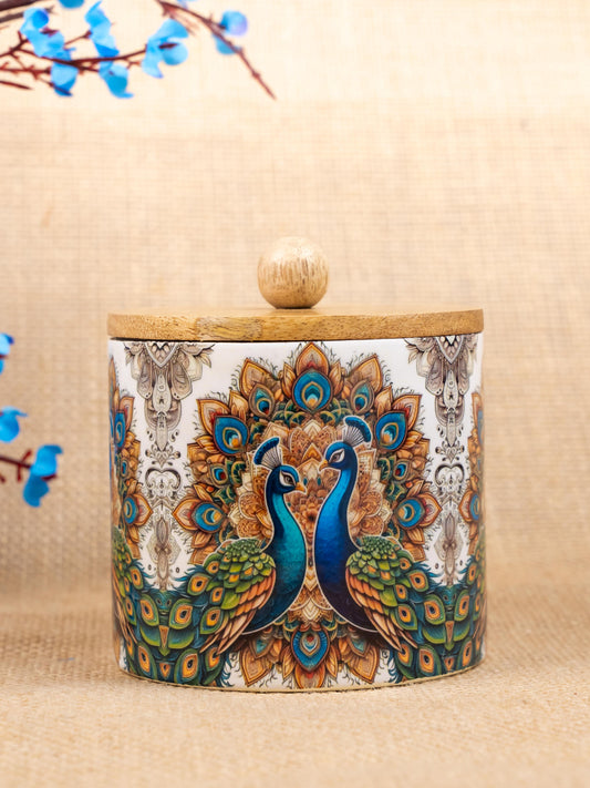 Metal Peacock Digital Printed Jar with Wooden Lid - WBG1829-2