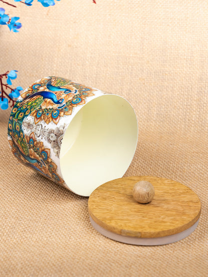 Metal Peacock Digital Printed Jar with Wooden Lid - WBG1829-2