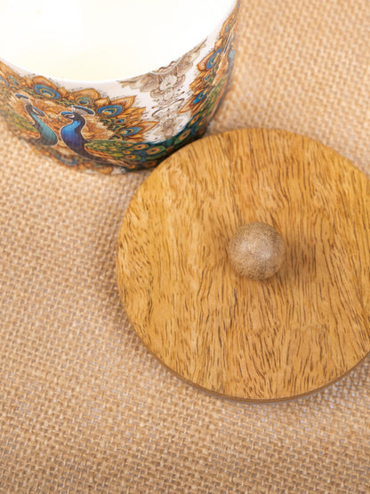 Metal Peacock Digital Printed Jar with Wooden Lid - WBG1829-2