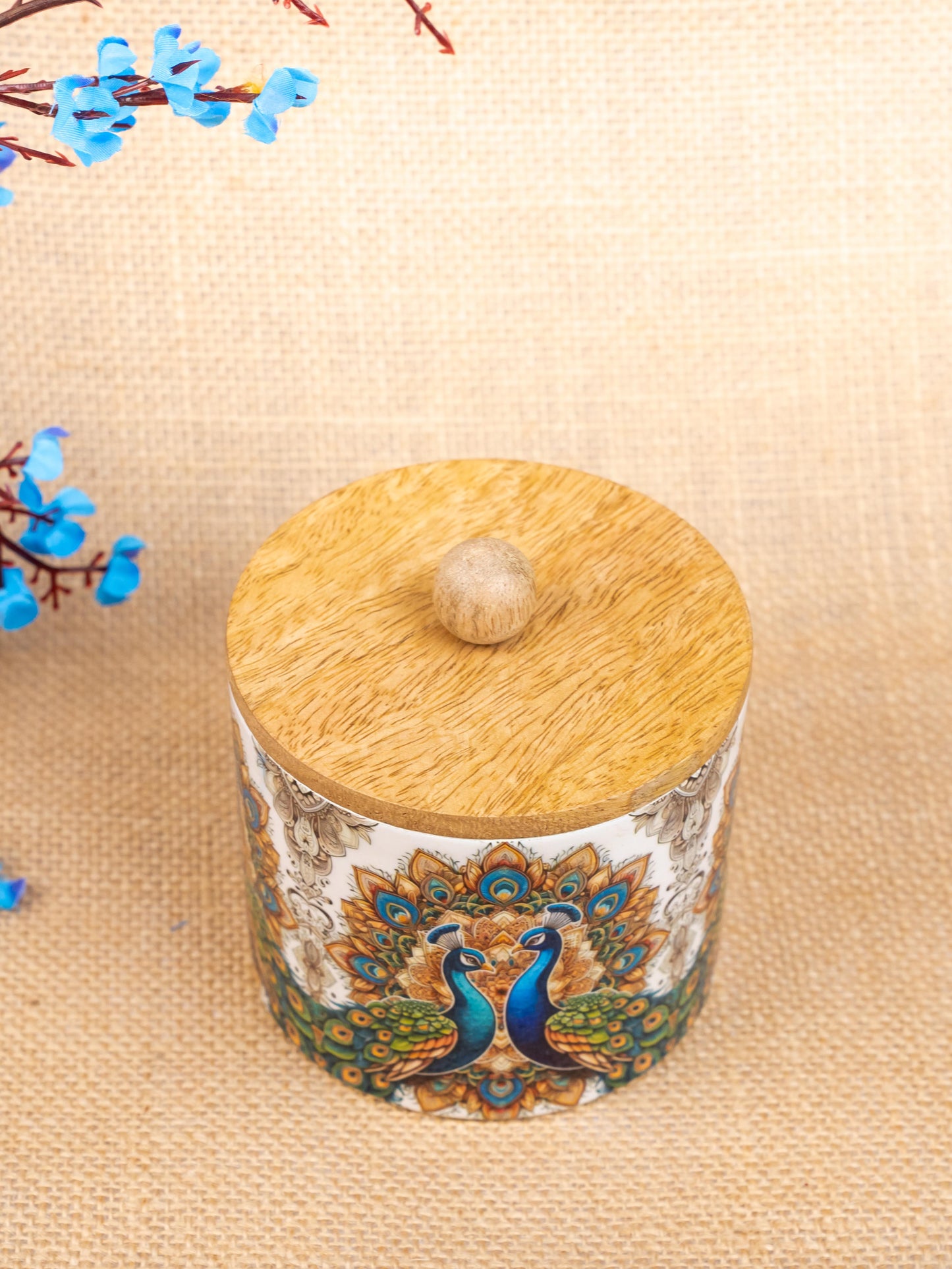 Metal Peacock Digital Printed Jar with Wooden Lid - WBG1829-2