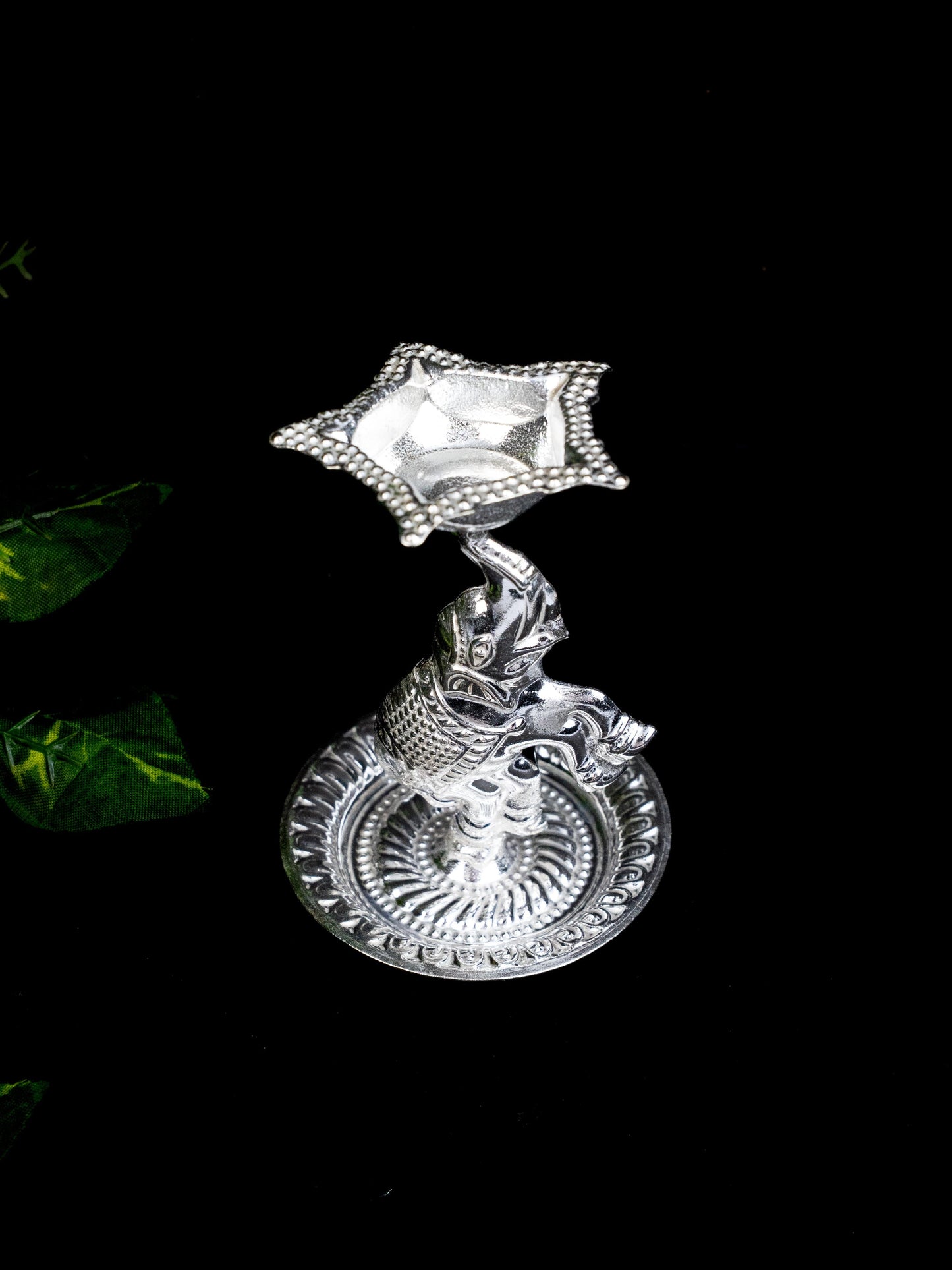 German Silver Five Face Diya with Elephant - WBG1865