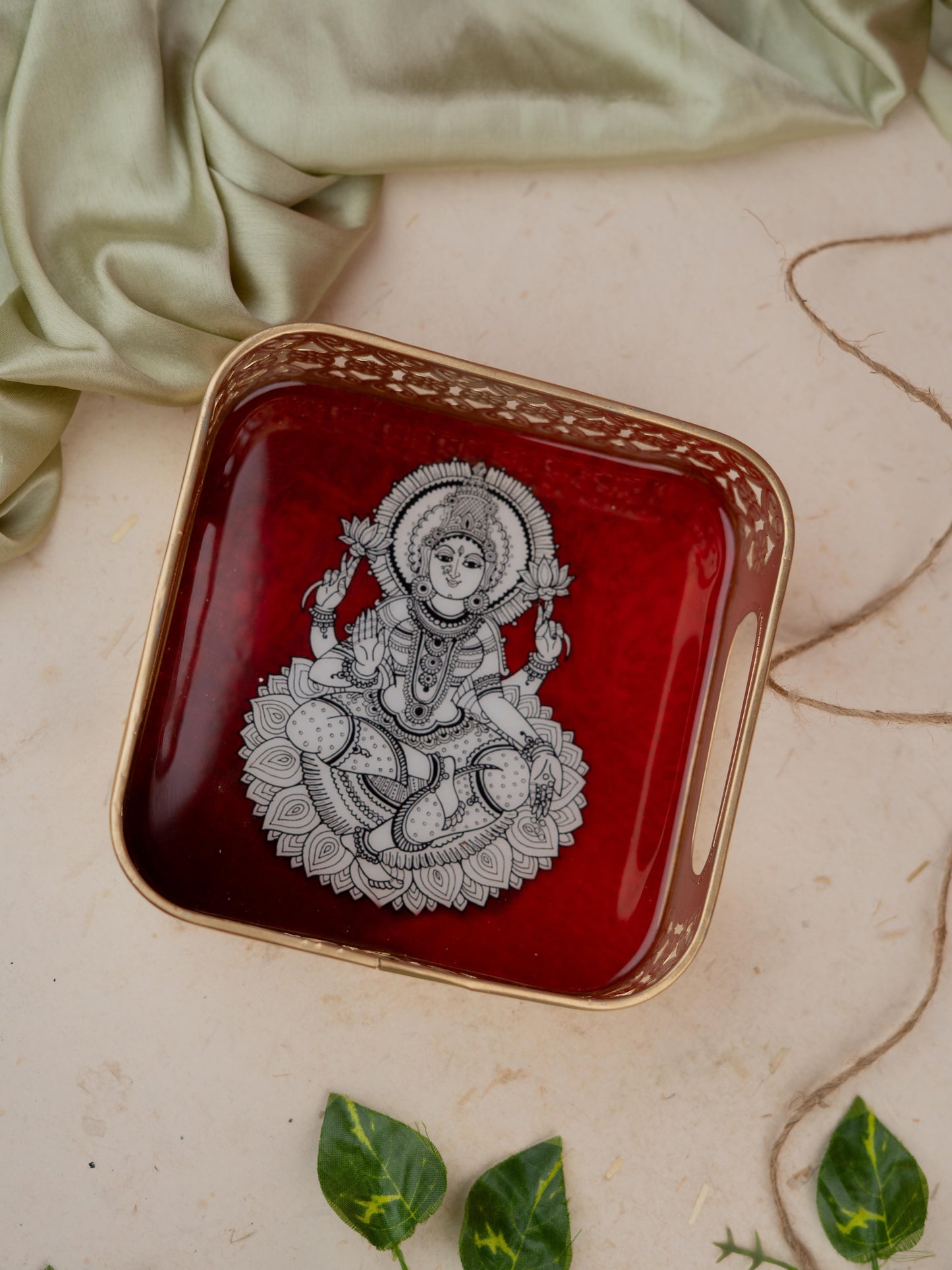 Digital Print - Madhubani Square Metal Tray - 6 inch - WBG1885