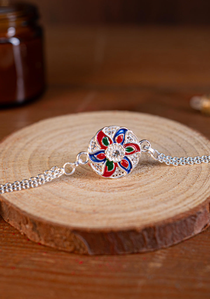 Designer Rakhi - Silver - Flower - WBG1887-4