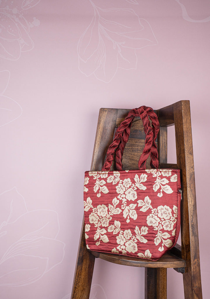 Raw Silk Flower Design Handbag - 10 inch - WBG1900
