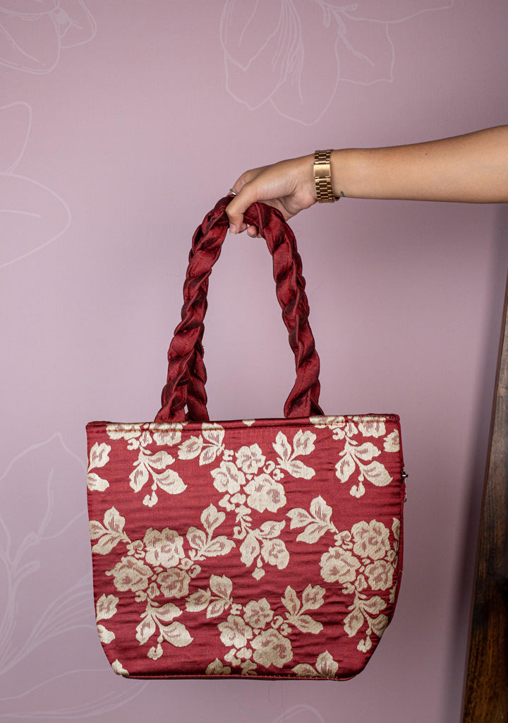 Raw Silk Flower Design Handbag - 10 inch - WBG1900