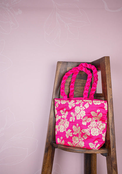 Raw Silk Flower Design Handbag - 10 inch - WBG1900