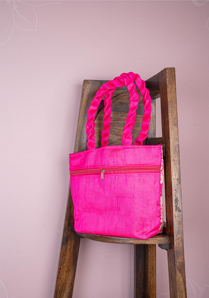 Raw Silk Flower Design Handbag - 10 inch - WBG1900