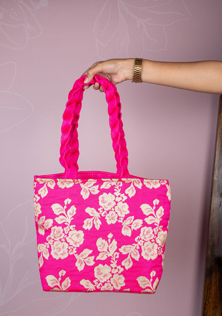 Raw Silk Flower Design Handbag - 10 inch - WBG1900