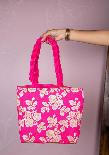 Raw Silk Flower Design Handbag - 10 inch - WBG1900