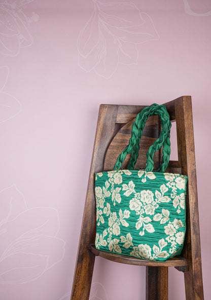 Raw Silk Flower Design Handbag - 10 inch - WBG1900