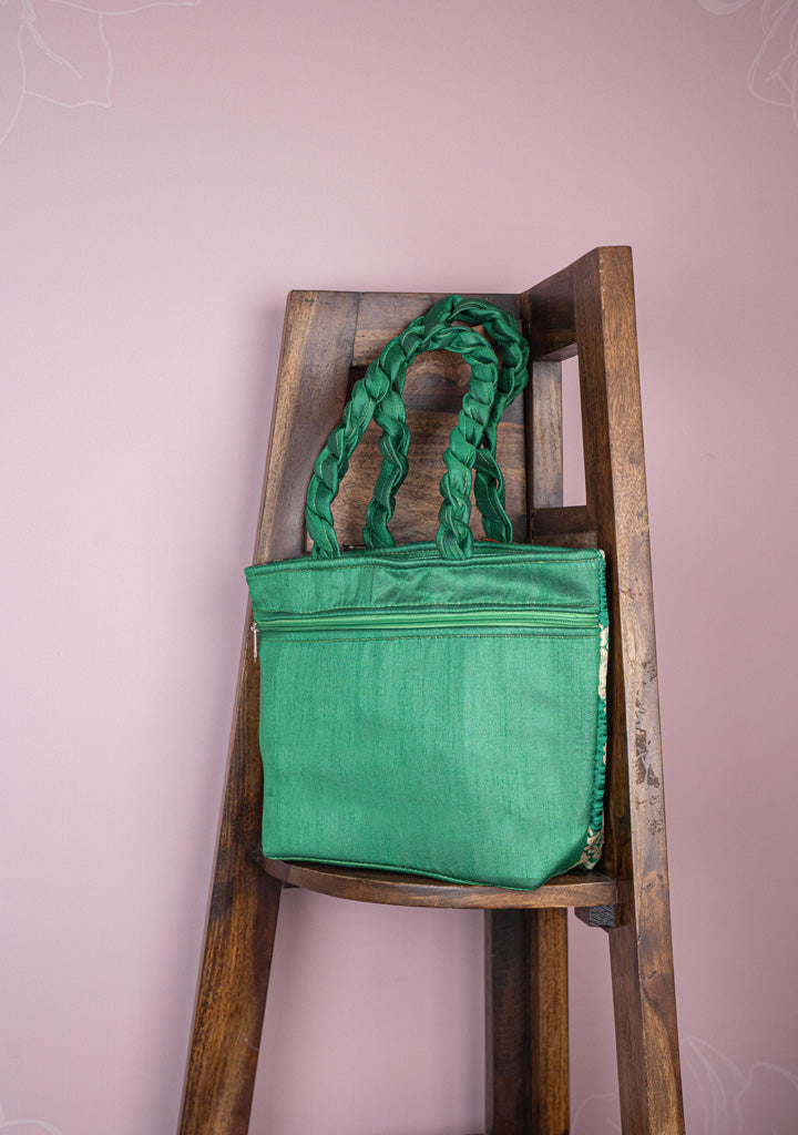 Raw Silk Flower Design Handbag - 10 inch - WBG1900