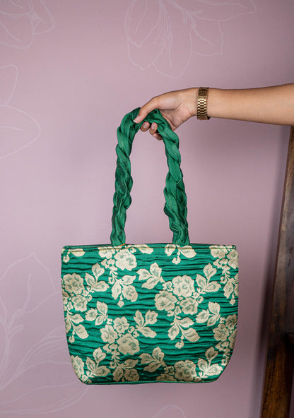 Raw Silk Flower Design Handbag - 10 inch - WBG1900