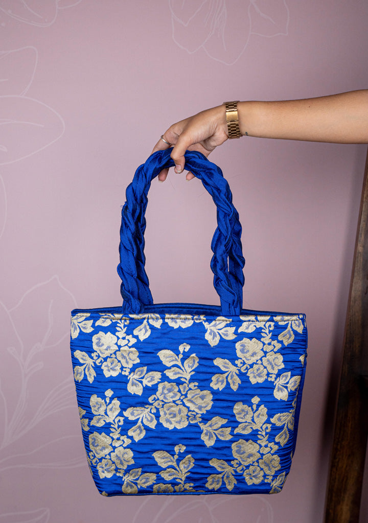 Raw Silk Flower Design Handbag - 10 inch - WBG1900