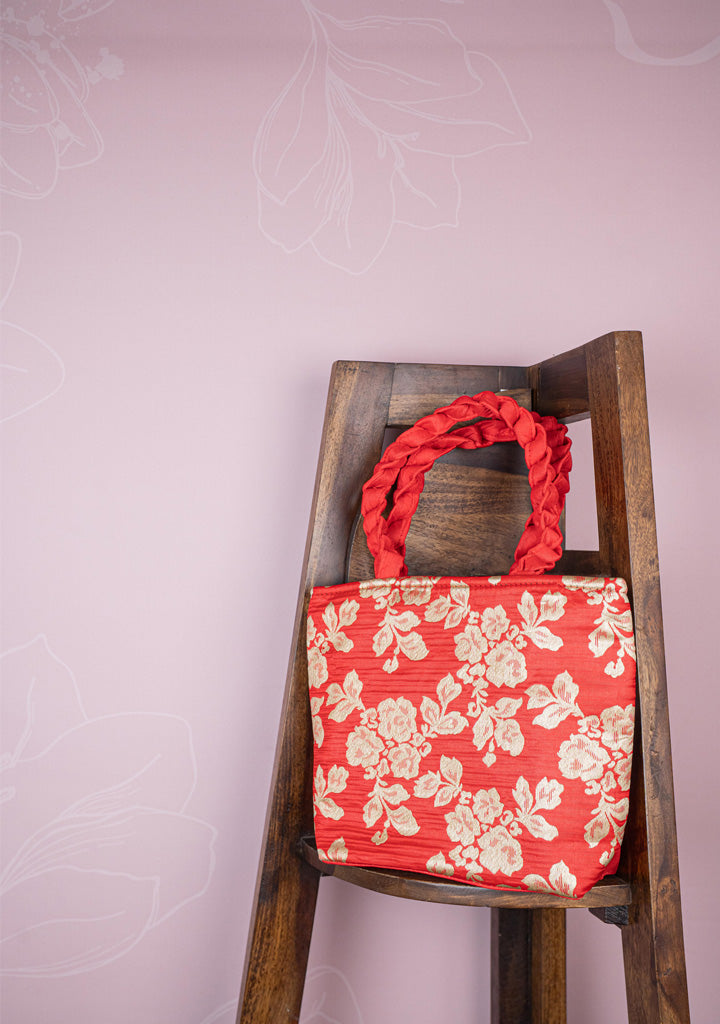 Raw Silk Flower Design Handbag - 10 inch - WBG1900