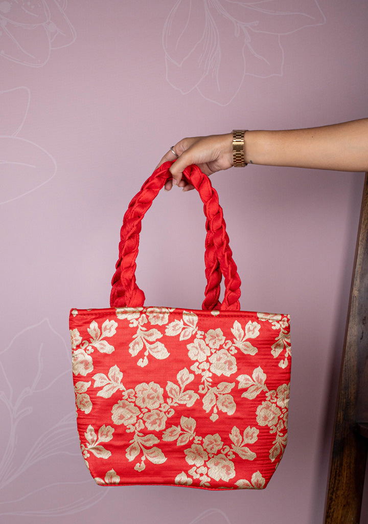 Raw Silk Flower Design Handbag - 10 inch - WBG1900