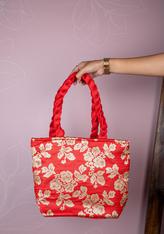 Raw Silk Flower Design Handbag - 10 inch - WBG1900