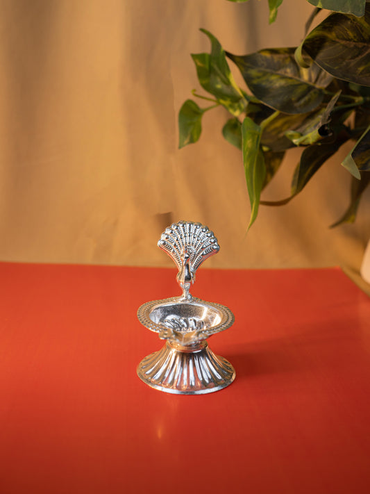 German Silver Peacock Diya - 3 inch - WBG1915