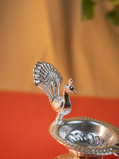German Silver Peacock Diya - 3 inch - WBG1915