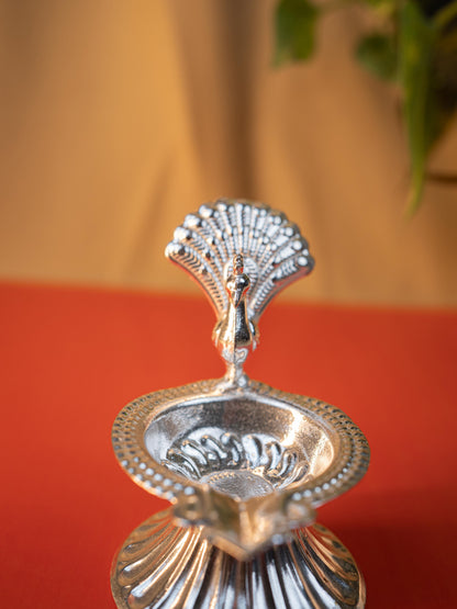 German Silver Peacock Diya - 3 inch - WBG1915