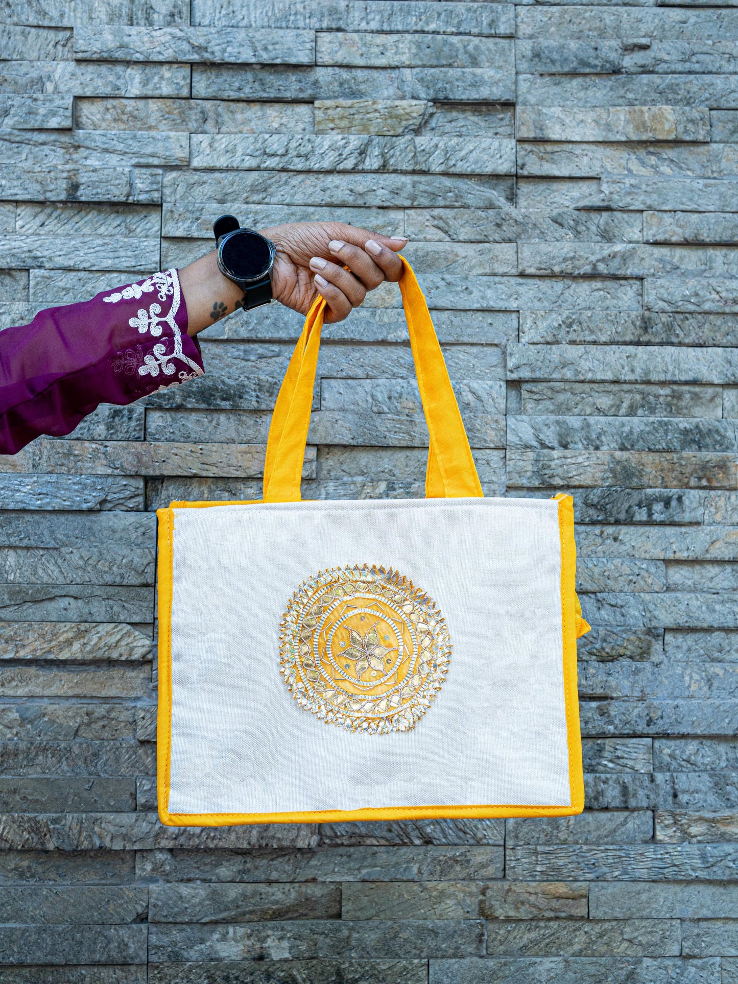 Handbag with Jute and Raw Silk Fabric - 12 x 9 inch - WBG1917