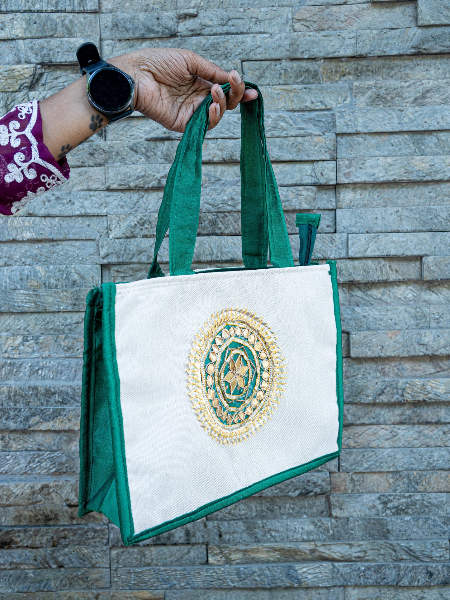 Handbag with Jute and Raw Silk Fabric - 12 x 9 inch - WBG1917