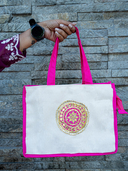 Handbag with Jute and Raw Silk Fabric - 12 x 9 inch - WBG1917