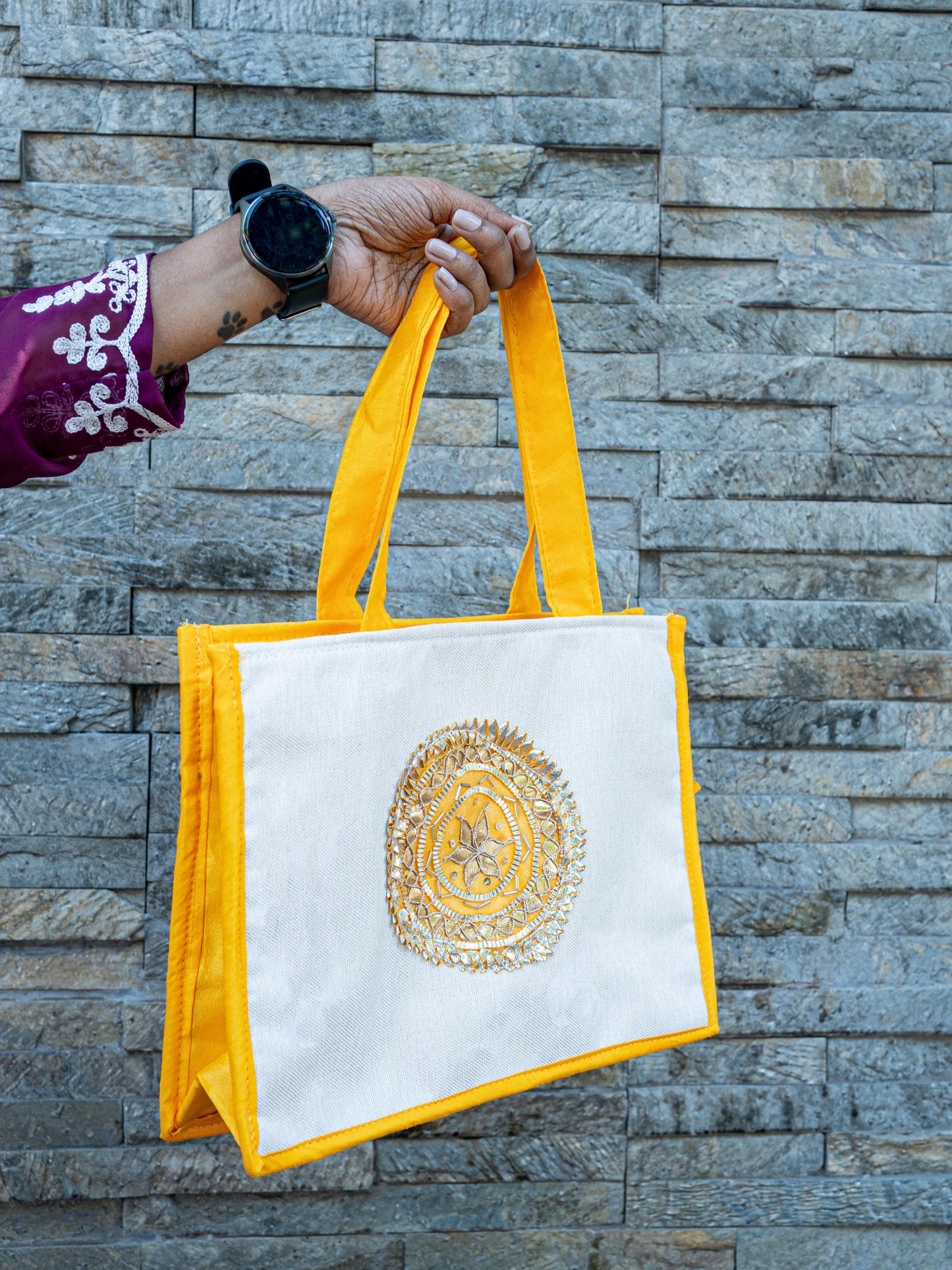 Handbag with Jute and Raw Silk Fabric - 12 x 9 inch - WBG1917