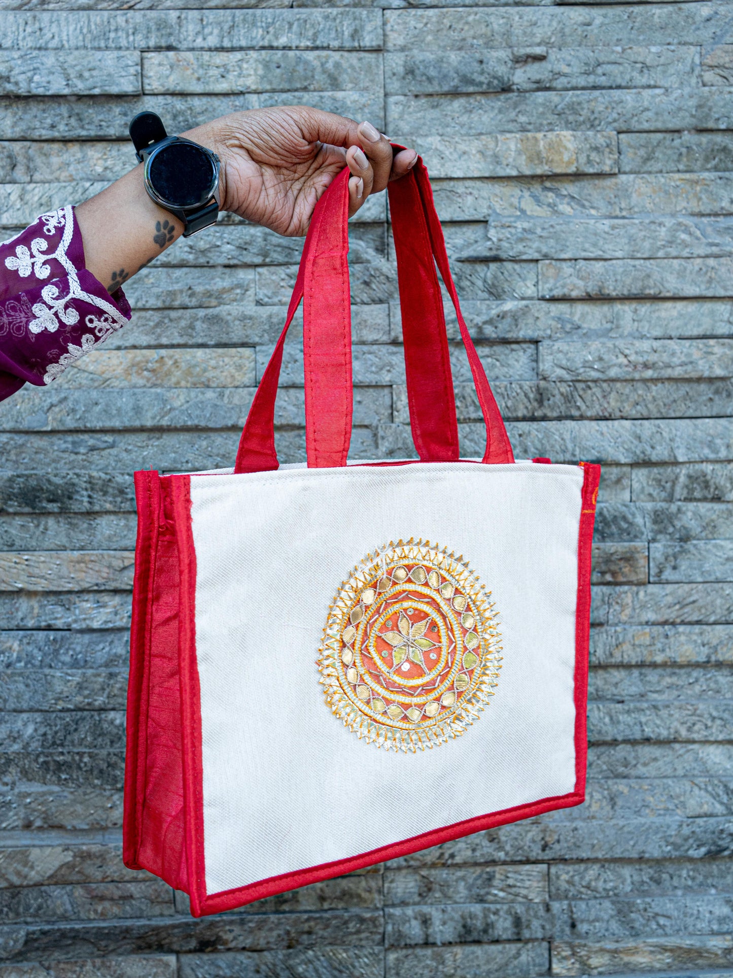 Handbag with Jute and Raw Silk Fabric - 12 x 9 inch - WBG1917