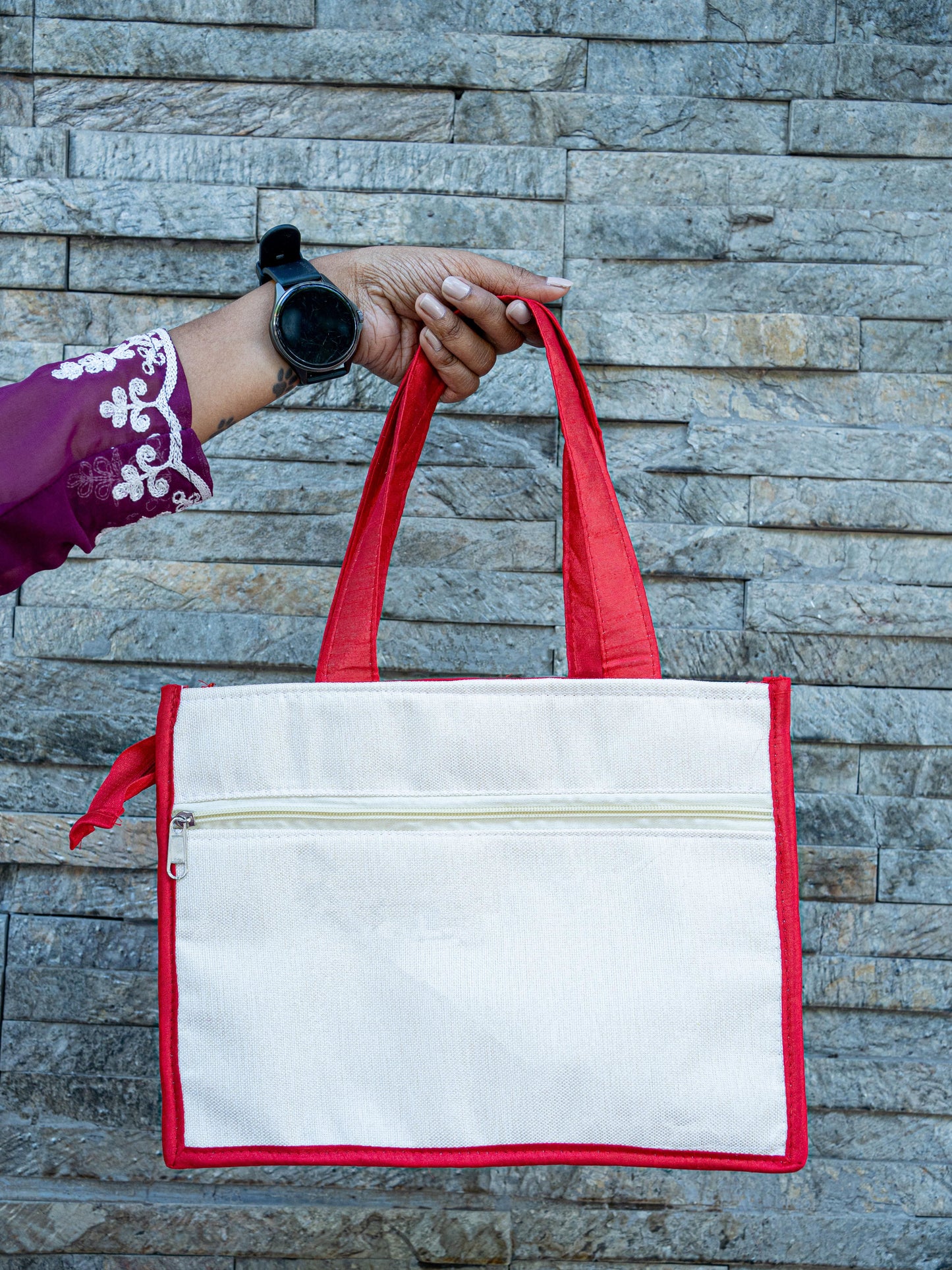 Handbag with Jute and Raw Silk Fabric - 12 x 9 inch - WBG1917