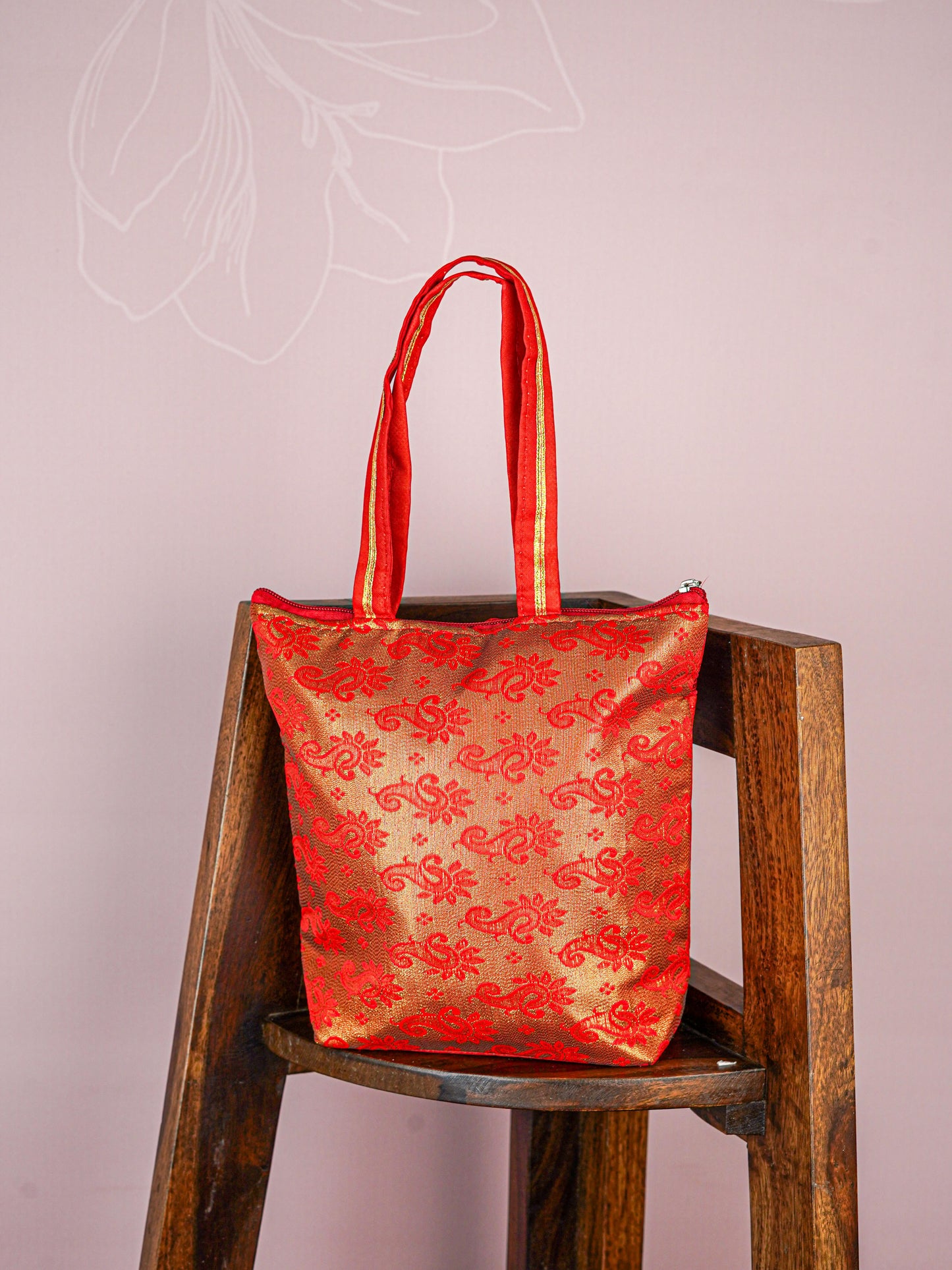Raw Silk Hand Bag with Golden Design - 10x9 inch - WBG1934