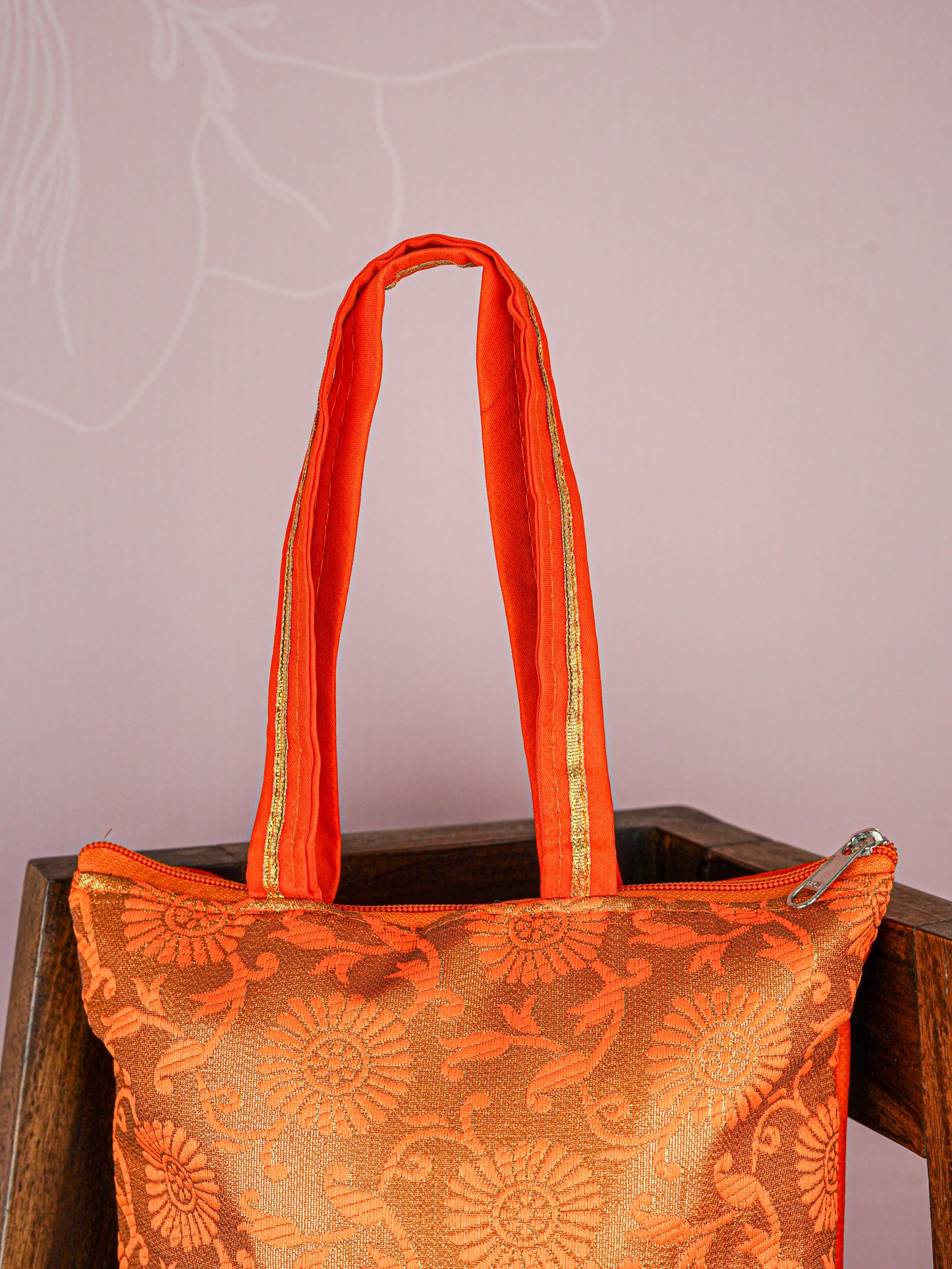 Raw Silk Hand Bag with Golden Design - 10x9 inch - WBG1934