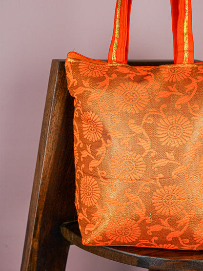 Raw Silk Hand Bag with Golden Design - 10x9 inch - WBG1934