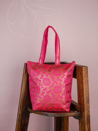 Raw Silk Hand Bag with Golden Design - 10x9 inch - WBG1934