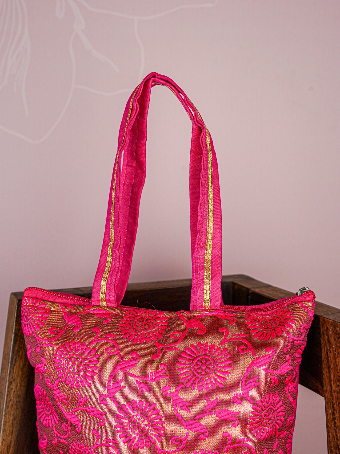 Raw Silk Hand Bag with Golden Design - 10x9 inch - WBG1934