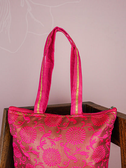 Raw Silk Hand Bag with Golden Design - 10x9 inch - WBG1934