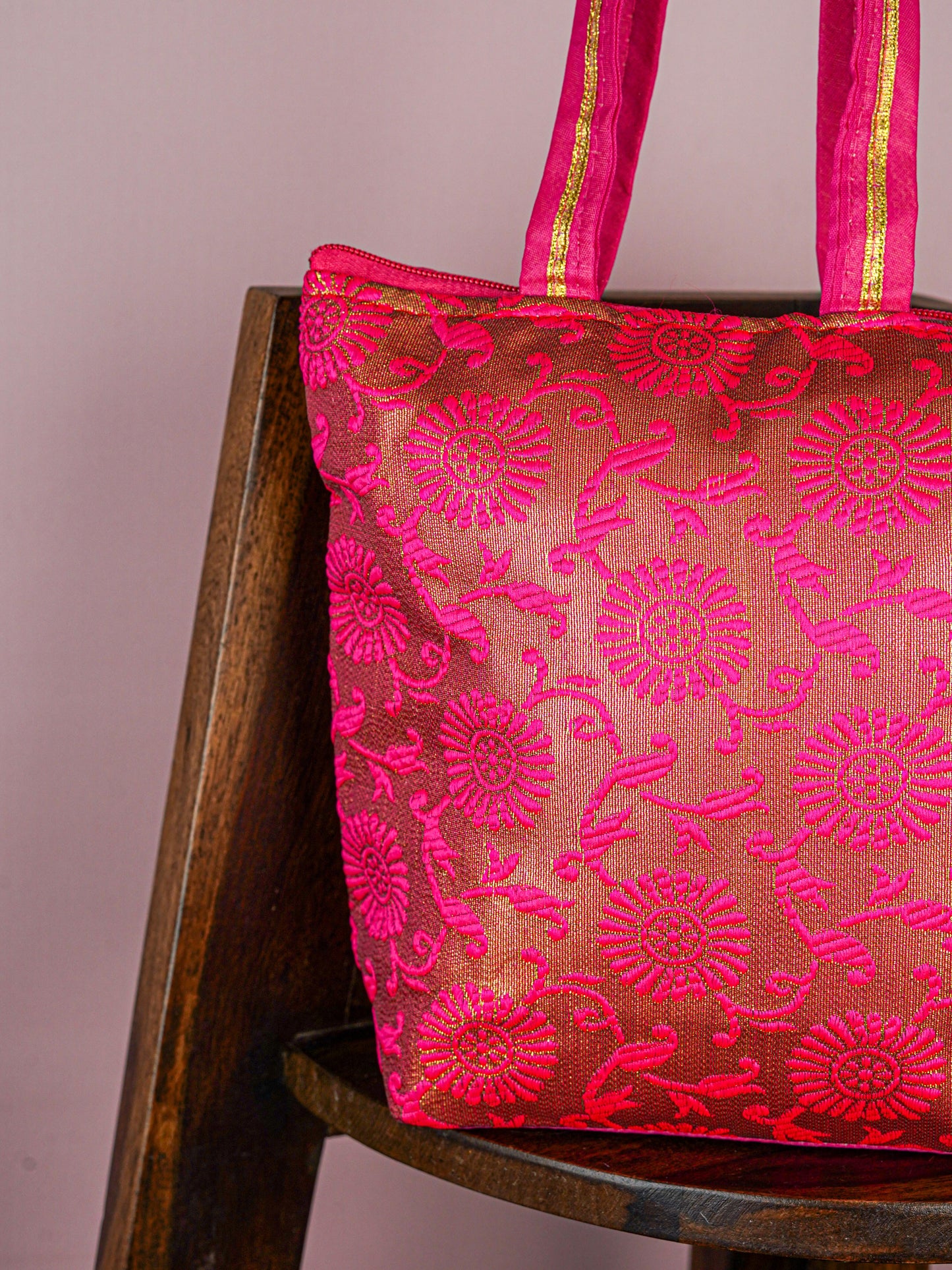 Raw Silk Hand Bag with Golden Design - 10x9 inch - WBG1934