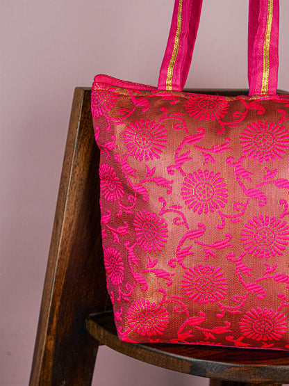 Raw Silk Hand Bag with Golden Design - 10x9 inch - WBG1934