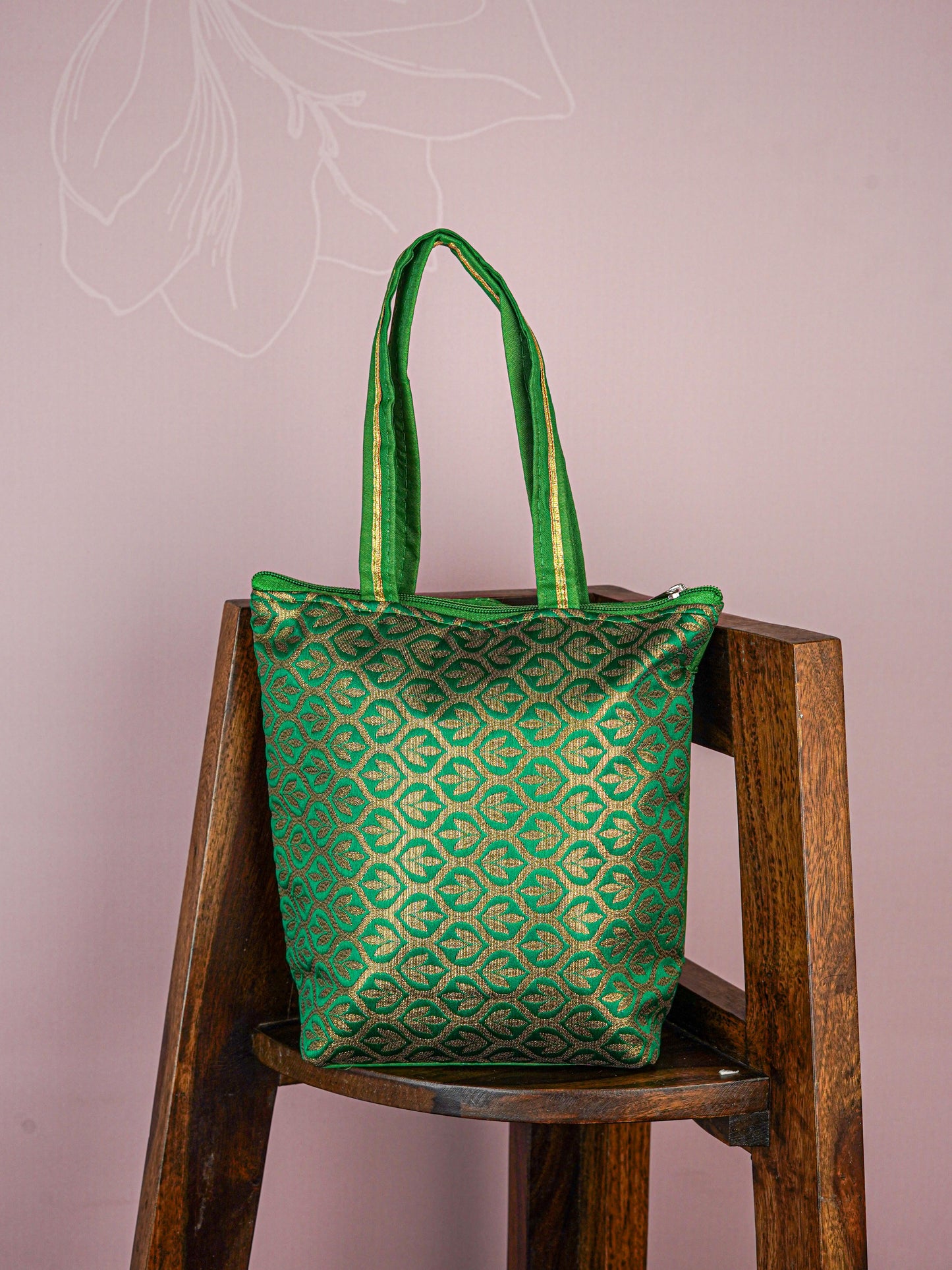 Raw Silk Hand Bag with Golden Design - 10x9 inch - WBG1934