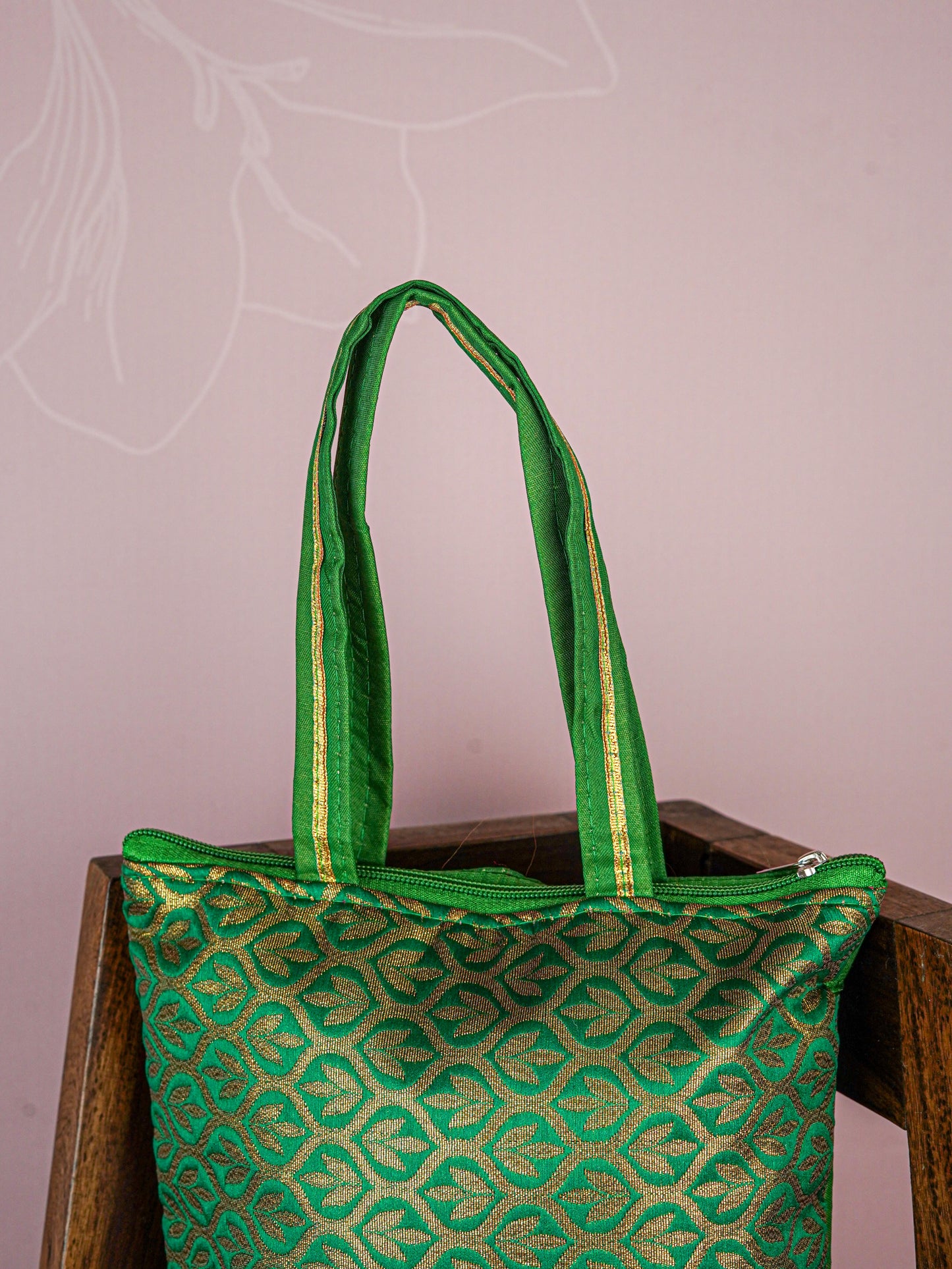 Raw Silk Hand Bag with Golden Design - 10x9 inch - WBG1934