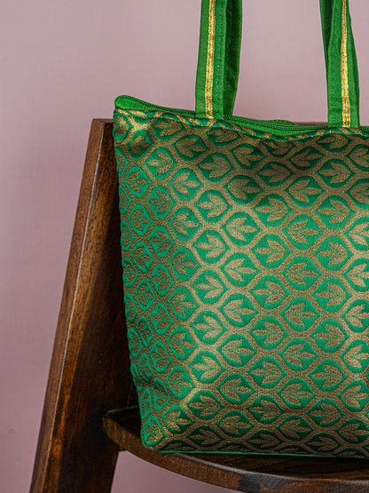 Raw Silk Hand Bag with Golden Design - 10x9 inch - WBG1934
