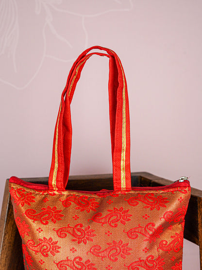 Raw Silk Hand Bag with Golden Design - 10x9 inch - WBG1934