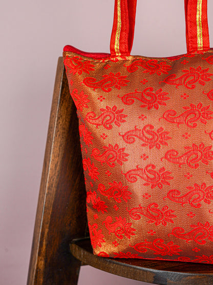 Raw Silk Hand Bag with Golden Design - 10x9 inch - WBG1934