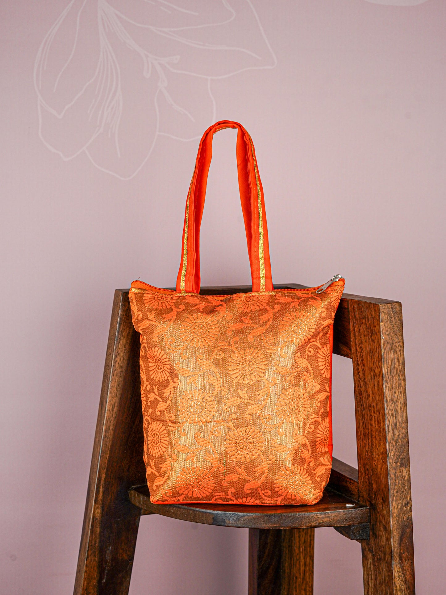 Raw Silk Hand Bag with Golden Design - 10x9 inch - WBG1934