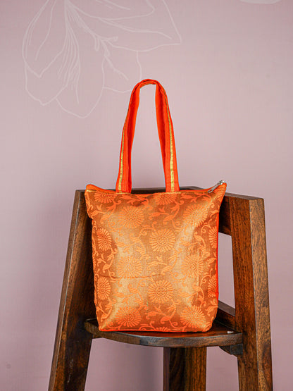 Raw Silk Hand Bag with Golden Design - 10x9 inch - WBG1934