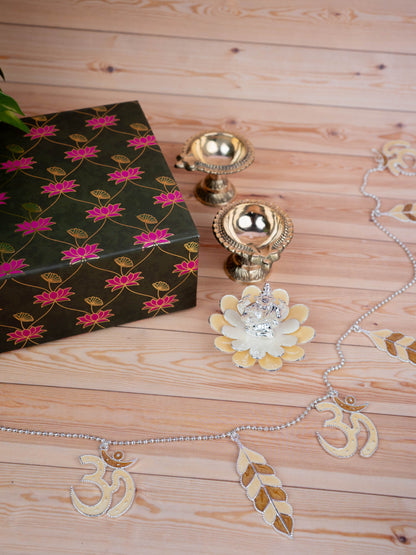 Deepavali: Pichwai Box with German Silver Ganesha Idol, Thoran, Set of 2 Brass Diya - WDC0001